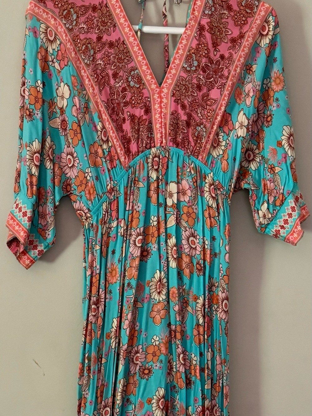 Salant Floral Boho Midi Dress Medium Turquoise Pink Tassel Tie Festival Dress